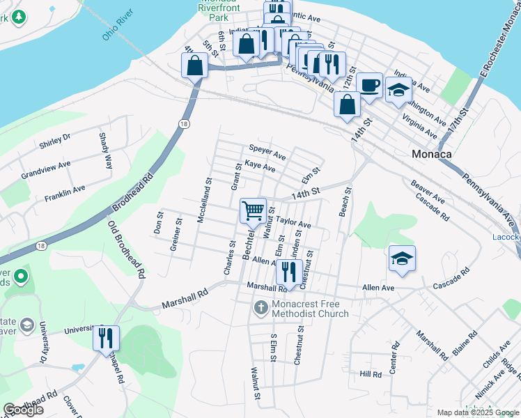 map of restaurants, bars, coffee shops, grocery stores, and more near 1010 Walnut Street in Monaca
