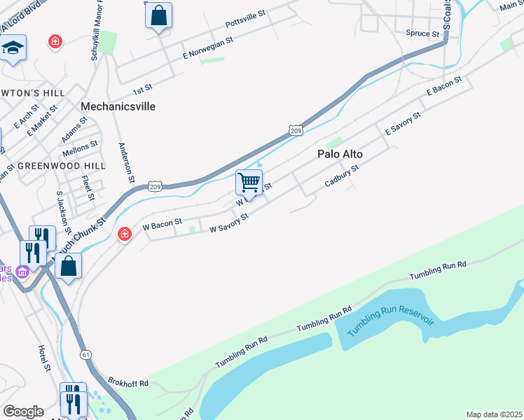 map of restaurants, bars, coffee shops, grocery stores, and more near 114 West Savory Street in Pottsville
