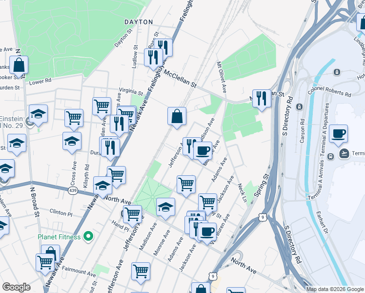 map of restaurants, bars, coffee shops, grocery stores, and more near 1012 Madison Avenue in Elizabeth