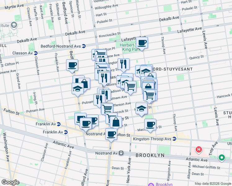 map of restaurants, bars, coffee shops, grocery stores, and more near 248 Madison Street in Brooklyn