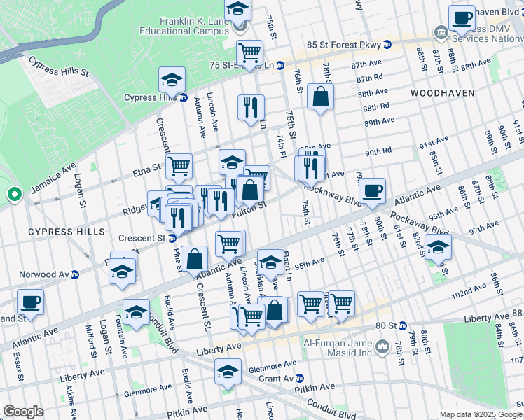 map of restaurants, bars, coffee shops, grocery stores, and more near 3470 Fulton Street in Brooklyn