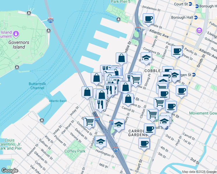 map of restaurants, bars, coffee shops, grocery stores, and more near 86 Union Street in Brooklyn