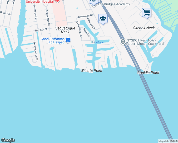 map of restaurants, bars, coffee shops, grocery stores, and more near 10 Cedar Point Drive in West Islip