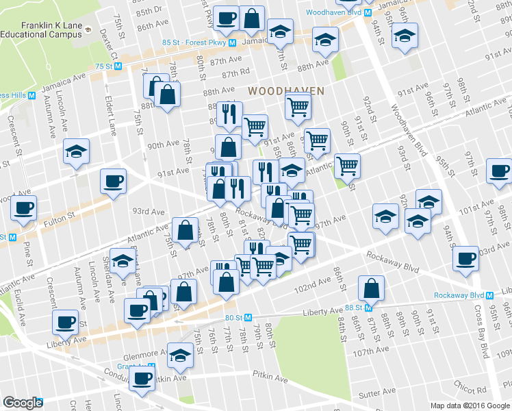 map of restaurants, bars, coffee shops, grocery stores, and more near 94-18 82nd Place in Queens