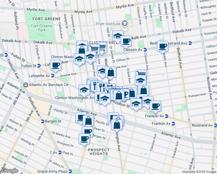 map of restaurants, bars, coffee shops, grocery stores, and more near 478 Washington Avenue in Brooklyn