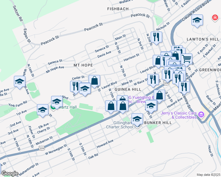 map of restaurants, bars, coffee shops, grocery stores, and more near 322 North 10th Street in Pottsville