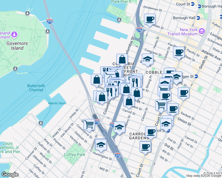 map of restaurants, bars, coffee shops, grocery stores, and more near 221 Columbia Street in Brooklyn