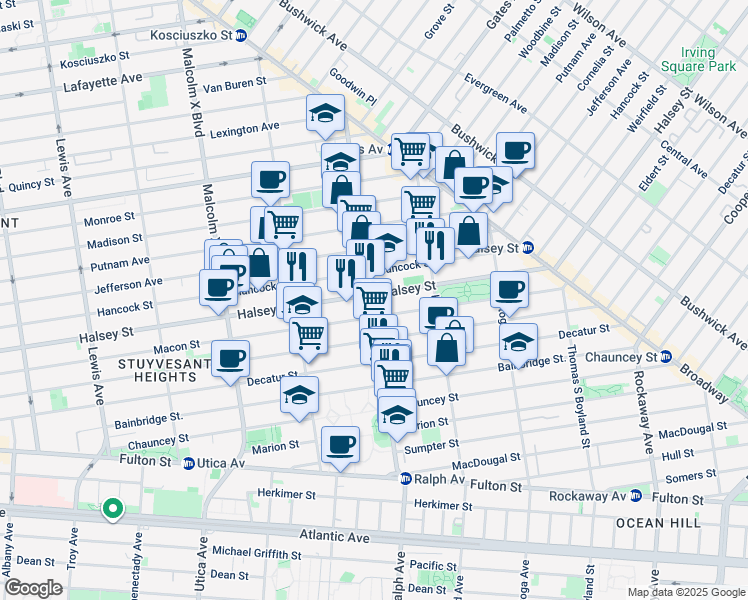 map of restaurants, bars, coffee shops, grocery stores, and more near 774 Halsey Street in Brooklyn