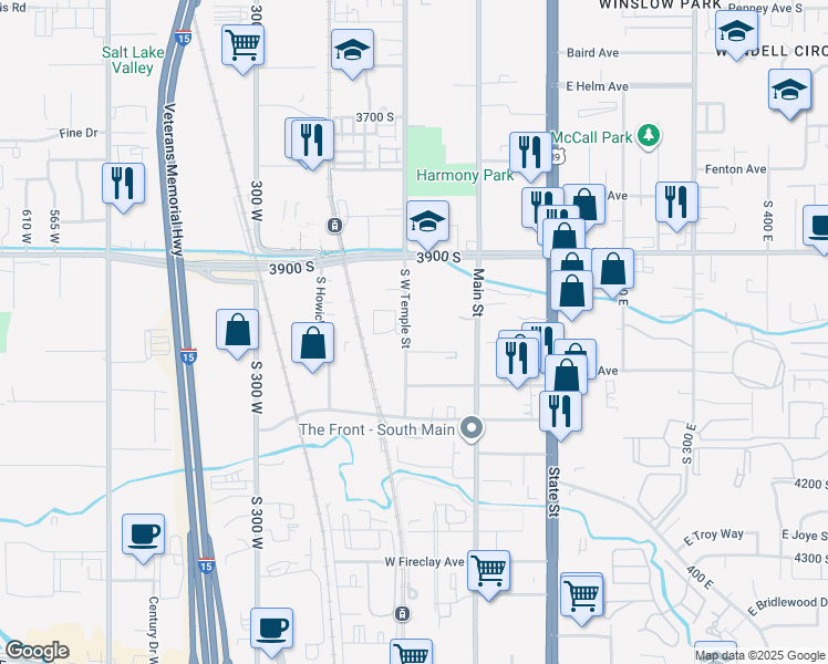 map of restaurants, bars, coffee shops, grocery stores, and more near 3983 South West Temple Street in Millcreek