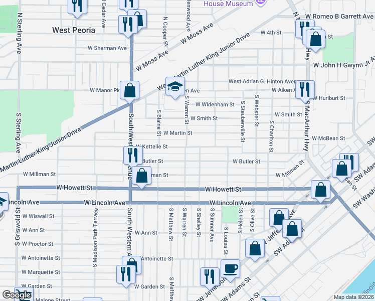 map of restaurants, bars, coffee shops, grocery stores, and more near 1529 West Butler Street in Peoria