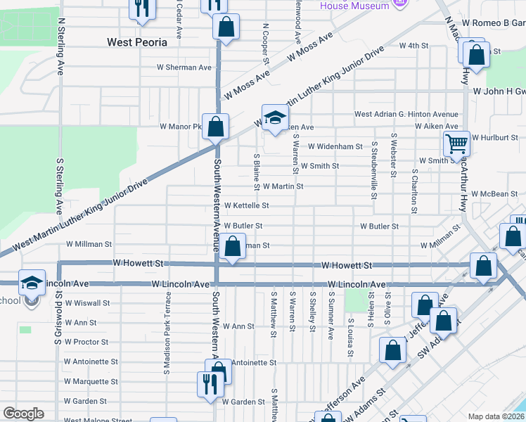 map of restaurants, bars, coffee shops, grocery stores, and more near 1803 West Butler Street in Peoria