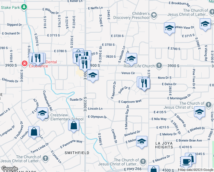 map of restaurants, bars, coffee shops, grocery stores, and more near South Milky Way in Holladay