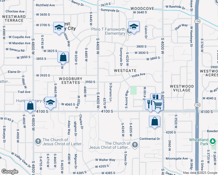 map of restaurants, bars, coffee shops, grocery stores, and more near 3968 South Durrans Lane in West Valley City