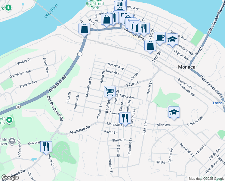 map of restaurants, bars, coffee shops, grocery stores, and more near 1013 Bechtel Street in Monaca