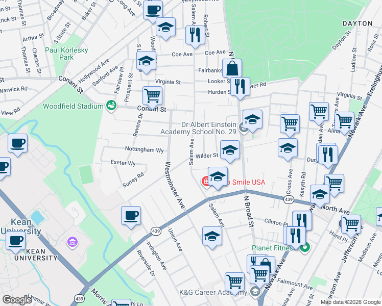 map of restaurants, bars, coffee shops, grocery stores, and more near 86 Wilder Street in Hillside