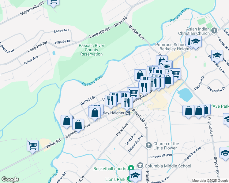 map of restaurants, bars, coffee shops, grocery stores, and more near 54 Station Street in Berkeley Heights