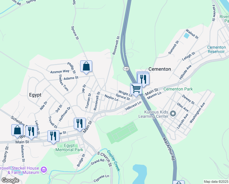 map of restaurants, bars, coffee shops, grocery stores, and more near 4305 Spruce Street in Lehigh County