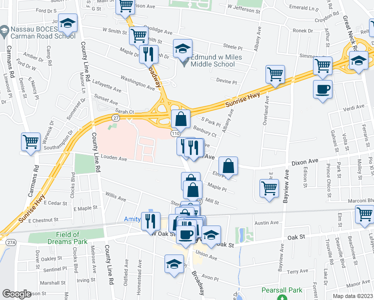 map of restaurants, bars, coffee shops, grocery stores, and more near 8 Dixon Avenue in Amityville