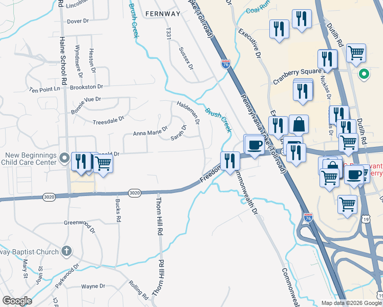 map of restaurants, bars, coffee shops, grocery stores, and more near 107 Clearbrook Drive in Cranberry Township