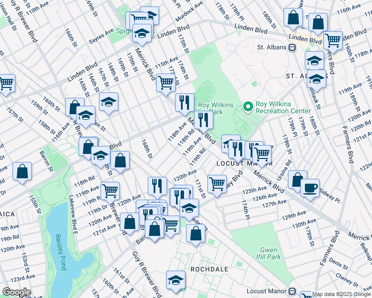 map of restaurants, bars, coffee shops, grocery stores, and more near 171-15 119th Avenue in Queens