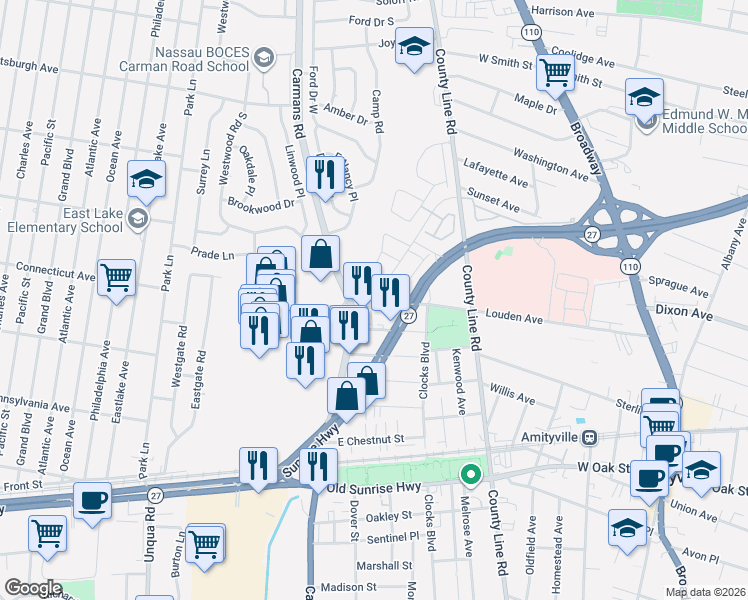 map of restaurants, bars, coffee shops, grocery stores, and more near 38 Southampton Drive in Massapequa