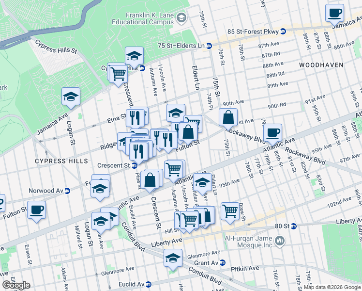 map of restaurants, bars, coffee shops, grocery stores, and more near 3436 Fulton Street in Brooklyn