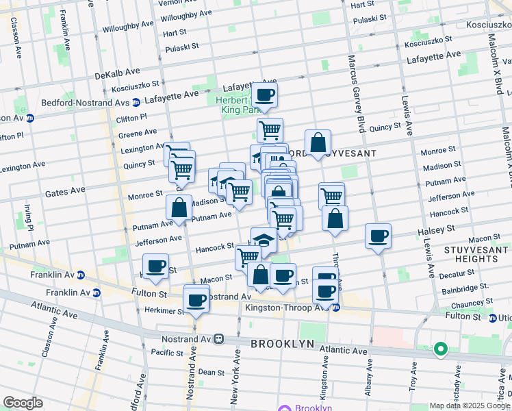 map of restaurants, bars, coffee shops, grocery stores, and more near 392 Putnam Avenue in Brooklyn