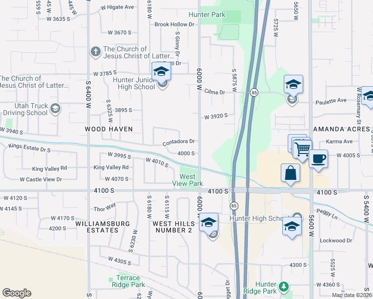 map of restaurants, bars, coffee shops, grocery stores, and more near 6048 Contadora Lane in West Valley City