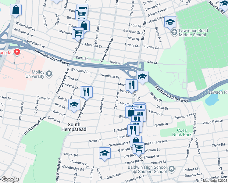map of restaurants, bars, coffee shops, grocery stores, and more near 599 Georgia Street in South Hempstead