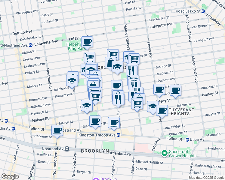 map of restaurants, bars, coffee shops, grocery stores, and more near 521 Throop Avenue in Brooklyn