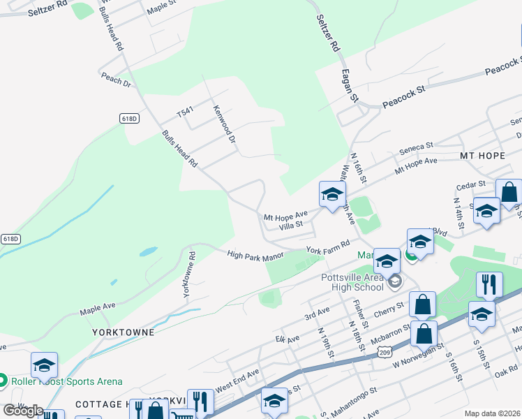 map of restaurants, bars, coffee shops, grocery stores, and more near 31 Deer Park Drive in Pottsville