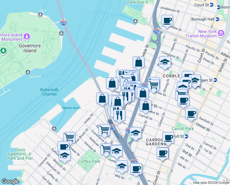 map of restaurants, bars, coffee shops, grocery stores, and more near 29 President Street in Brooklyn