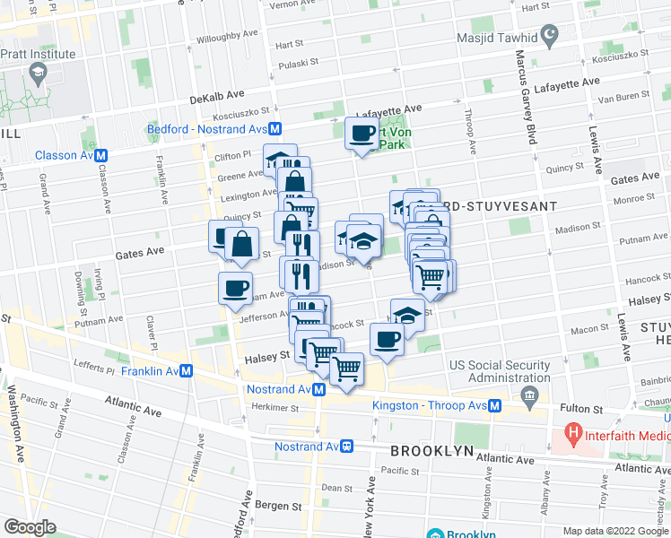 map of restaurants, bars, coffee shops, grocery stores, and more near 250 Madison Street in Brooklyn