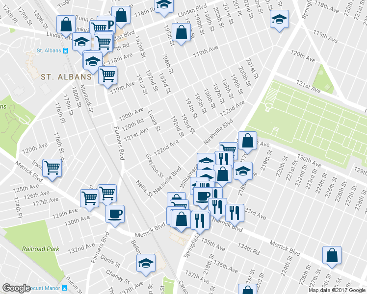 map of restaurants, bars, coffee shops, grocery stores, and more near 122-19 191st Street in Queens