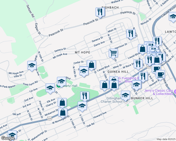 map of restaurants, bars, coffee shops, grocery stores, and more near 1228 Ophlia Street in Pottsville