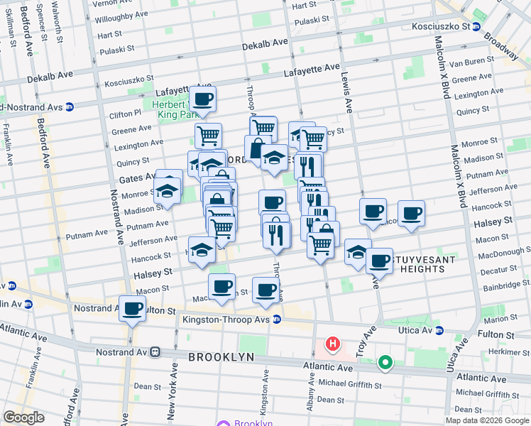 map of restaurants, bars, coffee shops, grocery stores, and more near 544 Throop Avenue in Brooklyn