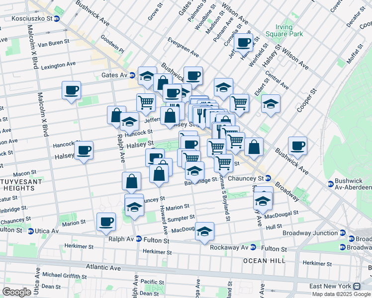 map of restaurants, bars, coffee shops, grocery stores, and more near Saratoga Avenue & Macon Street in Brooklyn