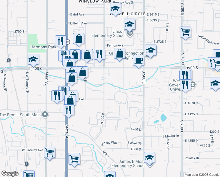 map of restaurants, bars, coffee shops, grocery stores, and more near 4005 South 300 East in Millcreek
