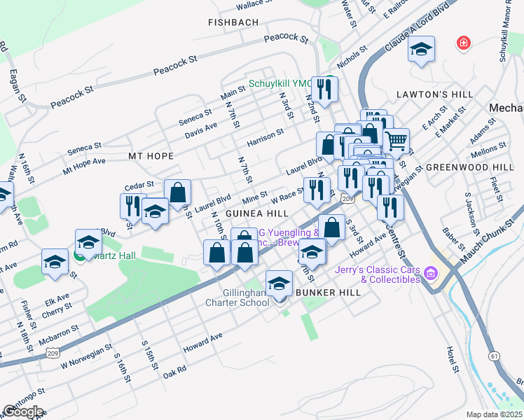 map of restaurants, bars, coffee shops, grocery stores, and more near 631 West Race Street in Pottsville