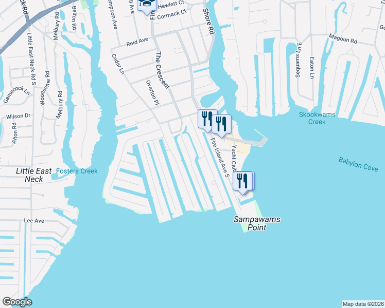 map of restaurants, bars, coffee shops, grocery stores, and more near 65 Araca Road in Babylon
