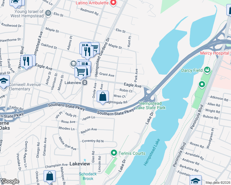 map of restaurants, bars, coffee shops, grocery stores, and more near 695 Jennings Avenue in West Hempstead