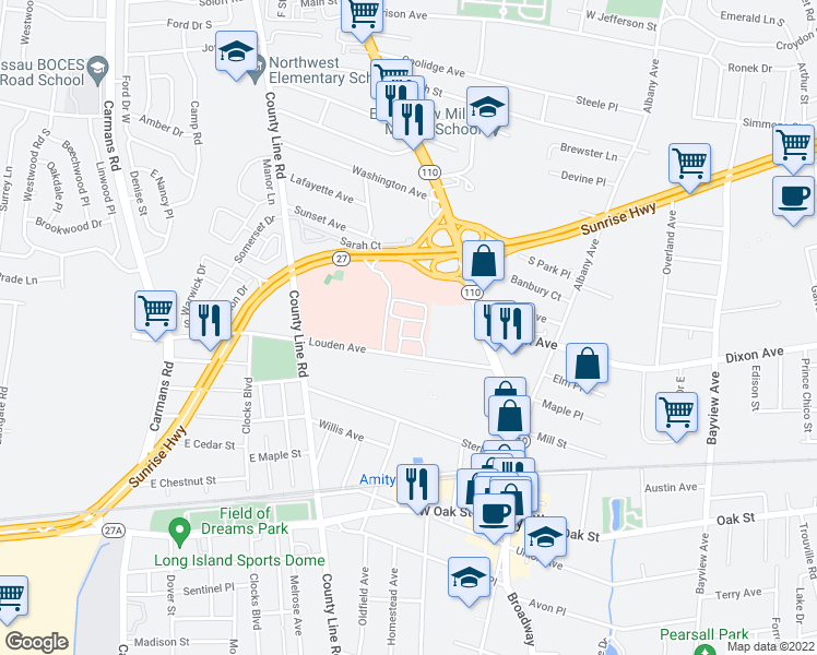 map of restaurants, bars, coffee shops, grocery stores, and more near 81 Louden Avenue in Amityville
