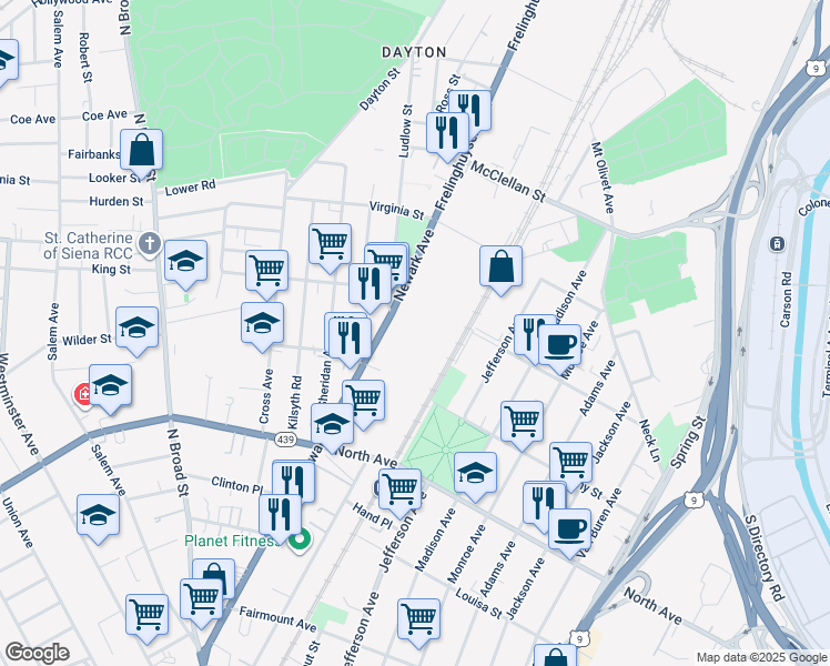map of restaurants, bars, coffee shops, grocery stores, and more near PT 827/961 Newark Avenue in Elizabeth