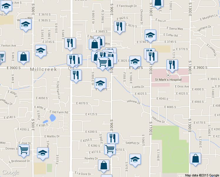 map of restaurants, bars, coffee shops, grocery stores, and more near 884 Chase Brook Lane 890 East in Salt Lake City