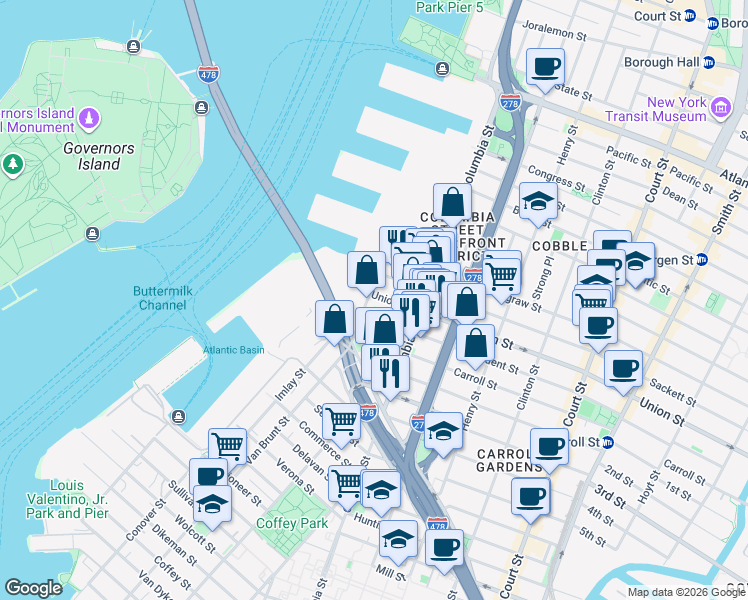 map of restaurants, bars, coffee shops, grocery stores, and more near 58 Union Street in Brooklyn