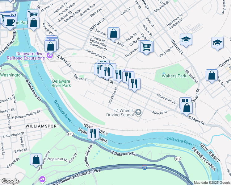 map of restaurants, bars, coffee shops, grocery stores, and more near 181 Mercer Street in Phillipsburg