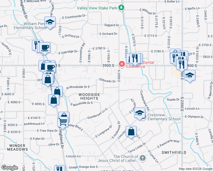 map of restaurants, bars, coffee shops, grocery stores, and more near 1956 East Woodside Drive in Holladay