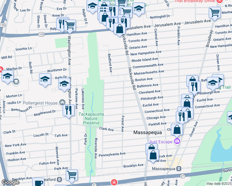 map of restaurants, bars, coffee shops, grocery stores, and more near 12 Cleveland Avenue in Massapequa