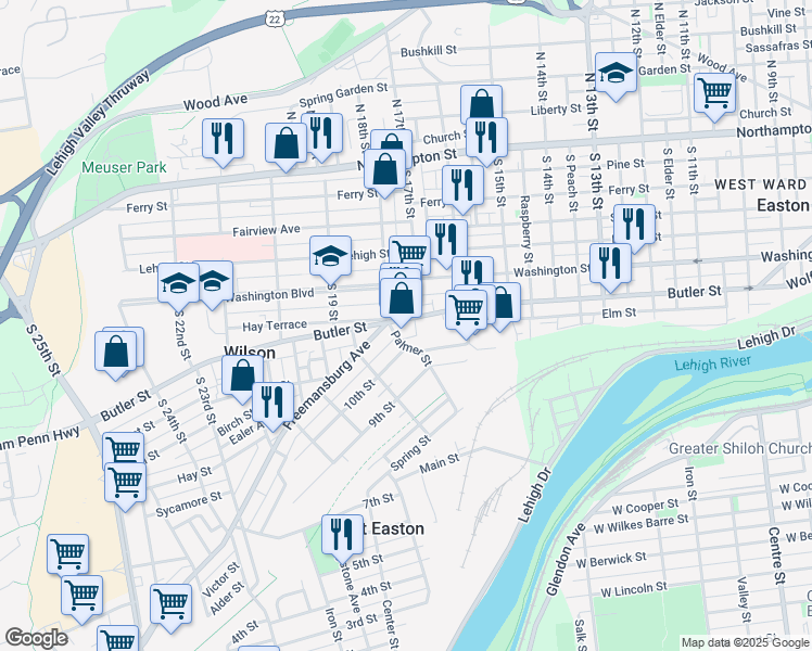 map of restaurants, bars, coffee shops, grocery stores, and more near 1714 Butler Street in Easton