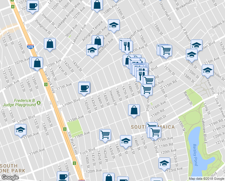 map of restaurants, bars, coffee shops, grocery stores, and more near 114-13 Inwood Street in Queens
